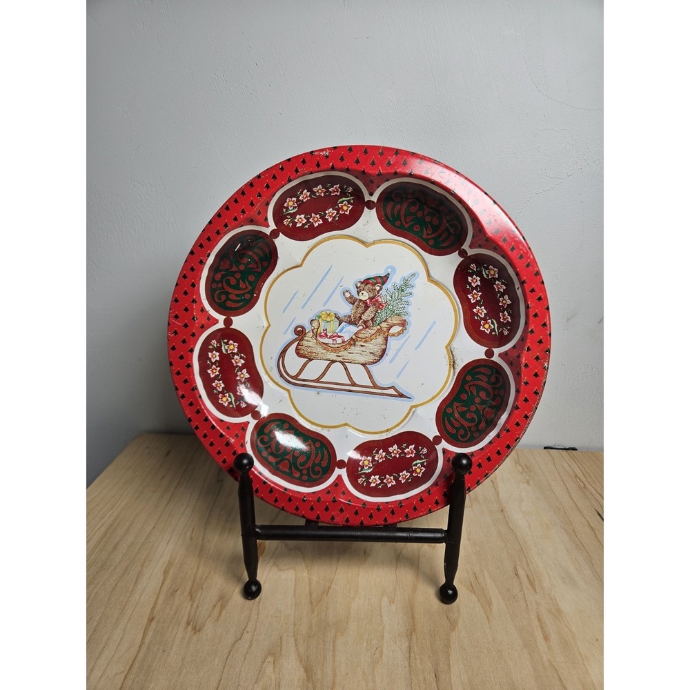 Vintage Christmas Tin Tray Teddy Bear Sleigh Round 10.5" Holiday Decor Hong Kong